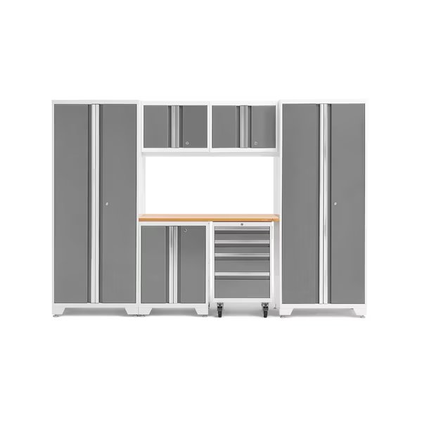 Bold Series 7 Piece Garage Cabinet Set with Bamboo Top, White, Newage Products, Mfr#: 54872